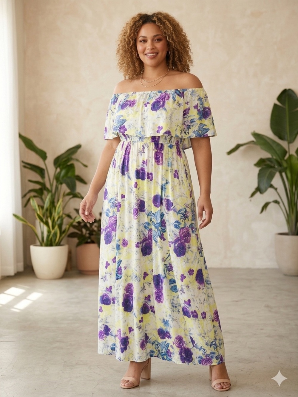 Torrid Off-Shoulder Floral Maxi Dress in White, Purple & Lime